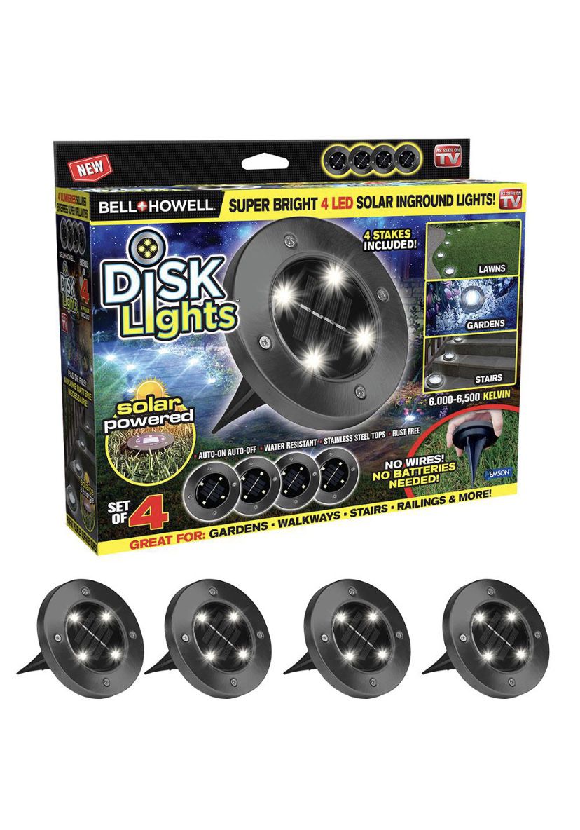 Bell + Howell Solar Powered Gunmetal Stainless Steel Outdoor Integrated LED Super Bright In-Ground Path Disk Light (4 per Box)