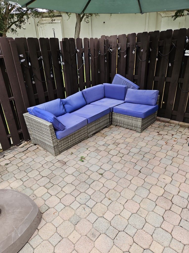 Outdoor Patio Sectional Sofa Blue Cushions