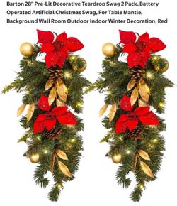 Barton 28" Pre-Lit Decorative Teardrop Swag 2 Pack, Battery Operated Artificial Christmas Swag, For Table Mantle, Background Wall Room Outdoor Indoor