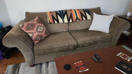 Extra Comfortable Brown/Taupe Couch with Wide Armrests