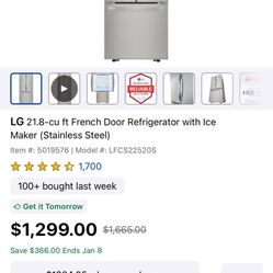 30” Stainless Steel 22 Cu Ft LG French Door Refrigerator FOR SALE!!!