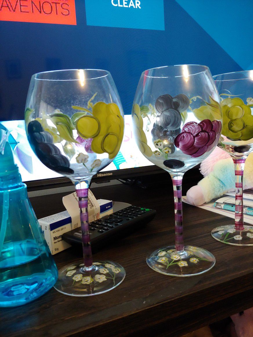 Hand Painted Wine Glasses Set Of 3