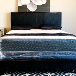 Brand New Black Queen Size Leather Bed Frame With New Mattress Set/Fast Delivery 