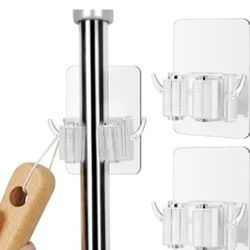 Broom Holder Wall Mount - 6 Pack Adhesive Mop and Large, Clear 