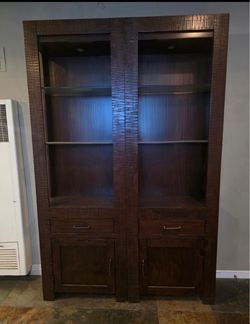 Dark Wood Double Bookcase Cabinet with Lighting