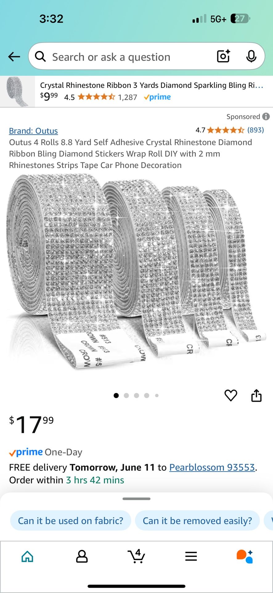 Outus 4 Rolls 8.8 Yard Self Adhesive Crystal Rhinestone Diamond Ribbon Bling Diamond Stickers Wrap Roll DIY with 2 mm Rhinestones Strips Tape Car Phon