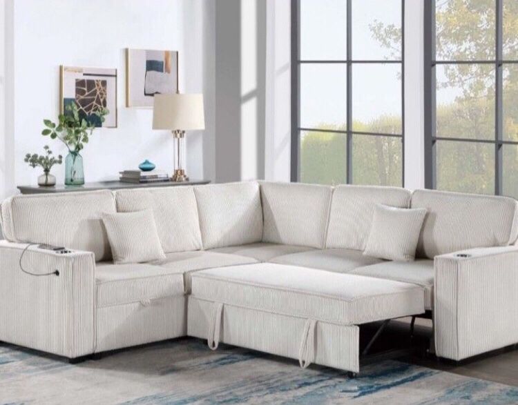 3-pc Sectional Sofa Couch With Pull-out Bed With Storage, Cup holders & USB Port Ivory Corduroy