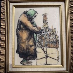 Jacob Samuels Signed Framed Woman Pretzel Vendor Art Etching