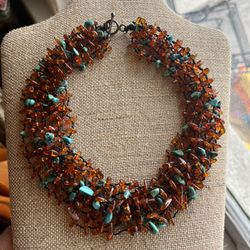 Multi Strand Honey Amber & Turquoise Bead Choker Necklace with Sterling Clasp