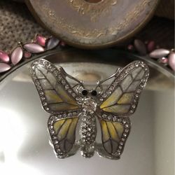 Beautiful ! Yellow & Silver Vintage Butterfly Pin/Brooch With Diamond Crystal Stones 