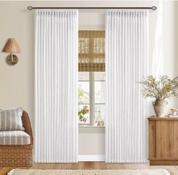 White Pleated Linen Curtains 96 Inches Long for Living Room 2 Panel Set Semi Sheer Light Filtering Pinch Pleat with Rings Hooks Back Tab Drapes Neutra