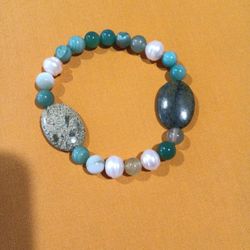8 inch Genuine Colorful Bracelet (Jade, Pearl & Light Beige Stone 