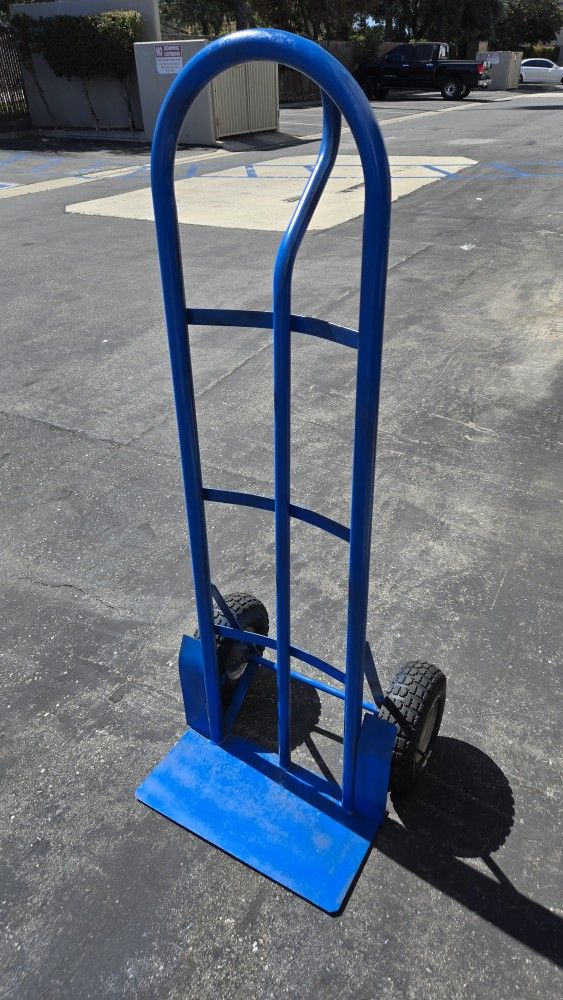 Heavy-duty blue steel hand truck.
