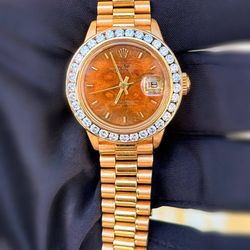 Vintage Rolex President 26 26mm Yellow Gold Rare Factory Wood Dial Ladies Watch 6917 Natural Diamond custom bezel