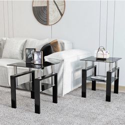 Black Glass End Tables Living Room Set of 2