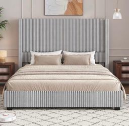 NEW Light Gray Upholstered Bed Frame with Tall Headboard