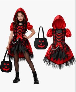 Dark Little Red Riding Hood Halloween Costume with Hood and Bag. Ages 9-10