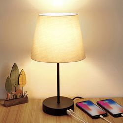 Touch Control Table Lamp, 3 Way Dimmable Nightstand Lamps with 2 USB Charging Ports, Fabric Shade Modern Bedside Desk Lamp for Bedroom Living Room, 6W