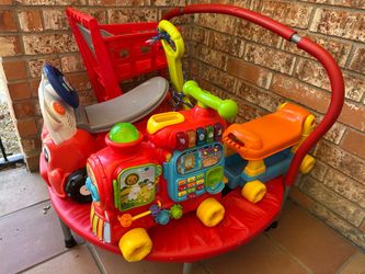 Trampoline, ride-on and vtech train
