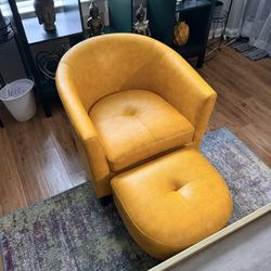 Yellow Faux Leather Chair And Foot Stool