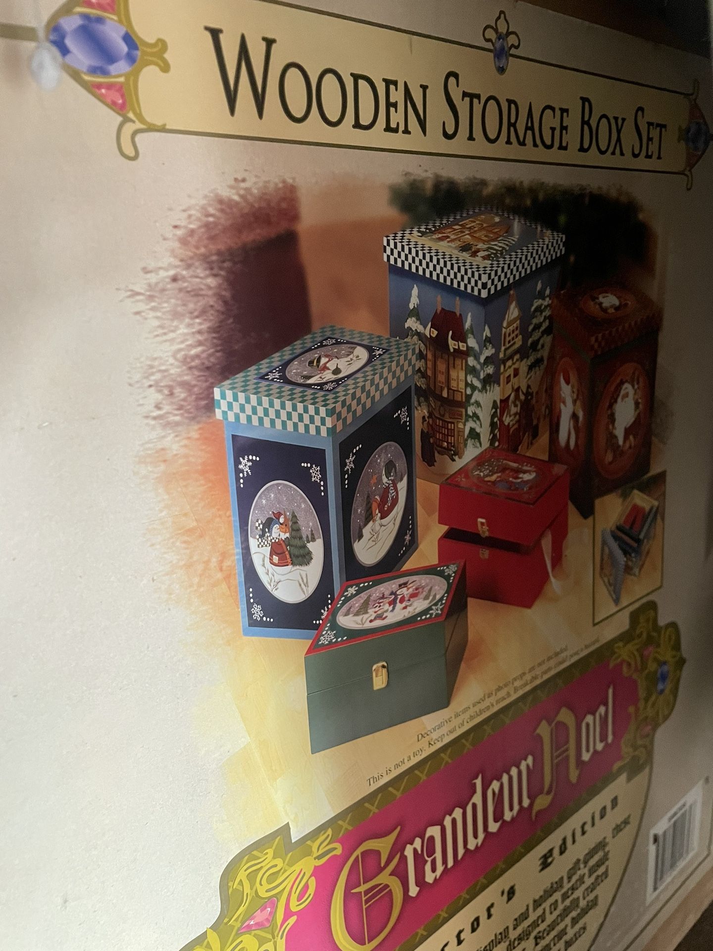 New In Box Painted Wooden Christmas Storage Boxes