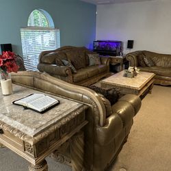 HUGE LEATHER Living Room Set With (2) End Tables Coffee Table And Buffet Table All With Natural MARBLE TOPS 