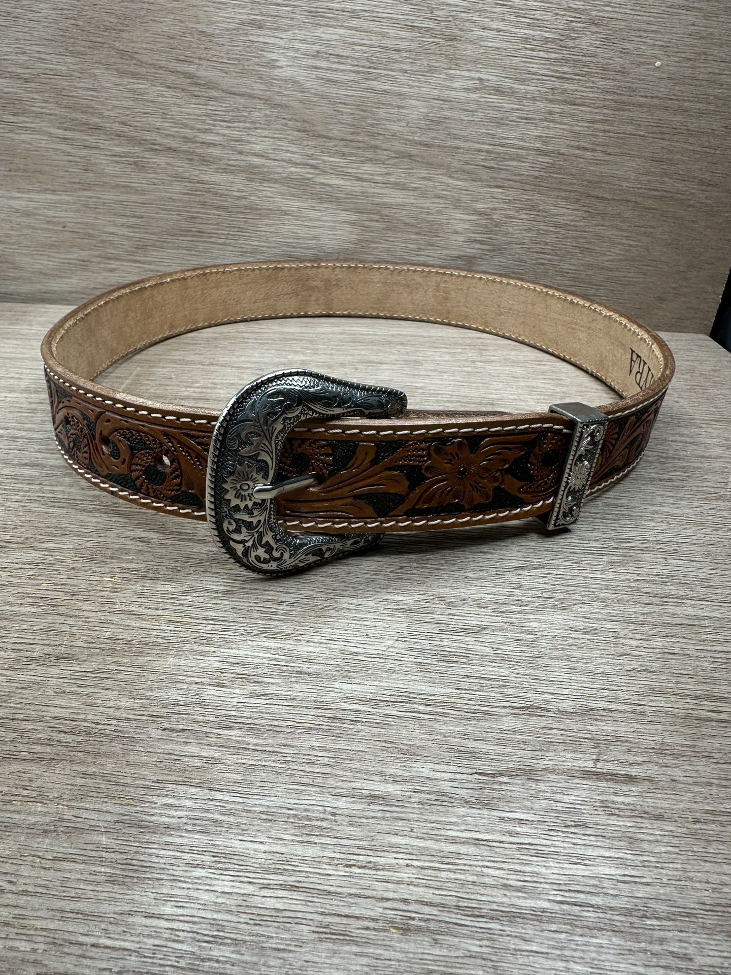 Myra Hand-Tooled Leather Style Cow Print Floral Bohemian Womens Belt 42 inches