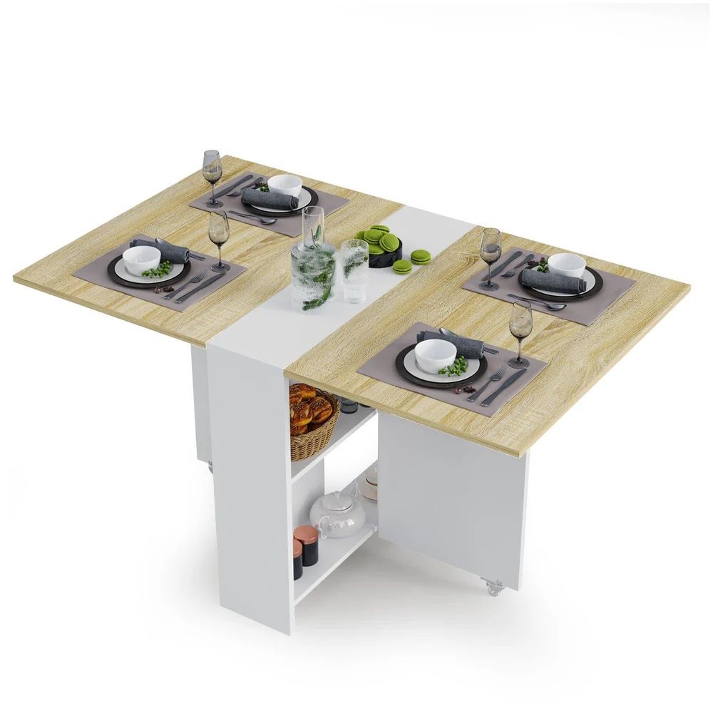 Folding Dining Table with Storage Shelves and 6 Casters White