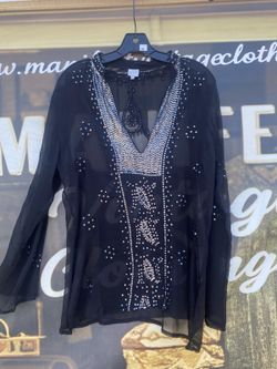 Boho PIA Hallstrom Sheer Sequin Floral Silk Chiffon Tunic Top Flared Sleeves L