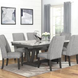 Marble Dining Table Set With 6 Grey Dining Chairs