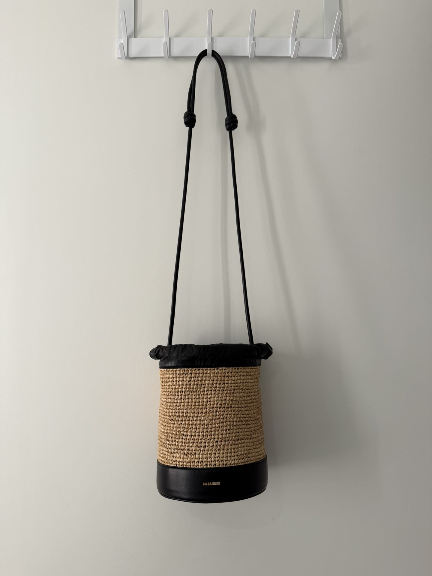 Jil Sander Leather Trimmed Raffia Bucket Bag