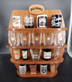Jack Daniels Legends Wooden Shot Glass Display Shelf w/ 18 Shot Glasses