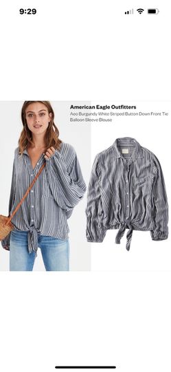Lagenlook Oversized Blue Button Up Top Med Tie Front American Eagle Outfitters