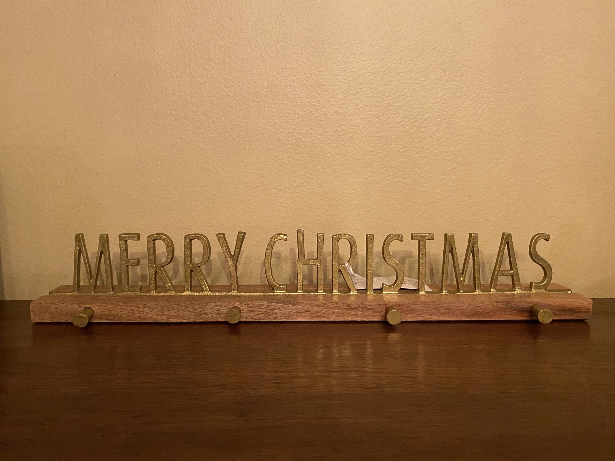 🎄 NEW Wood & Gold Merry Christmas Stocking Holder Solid Heavy