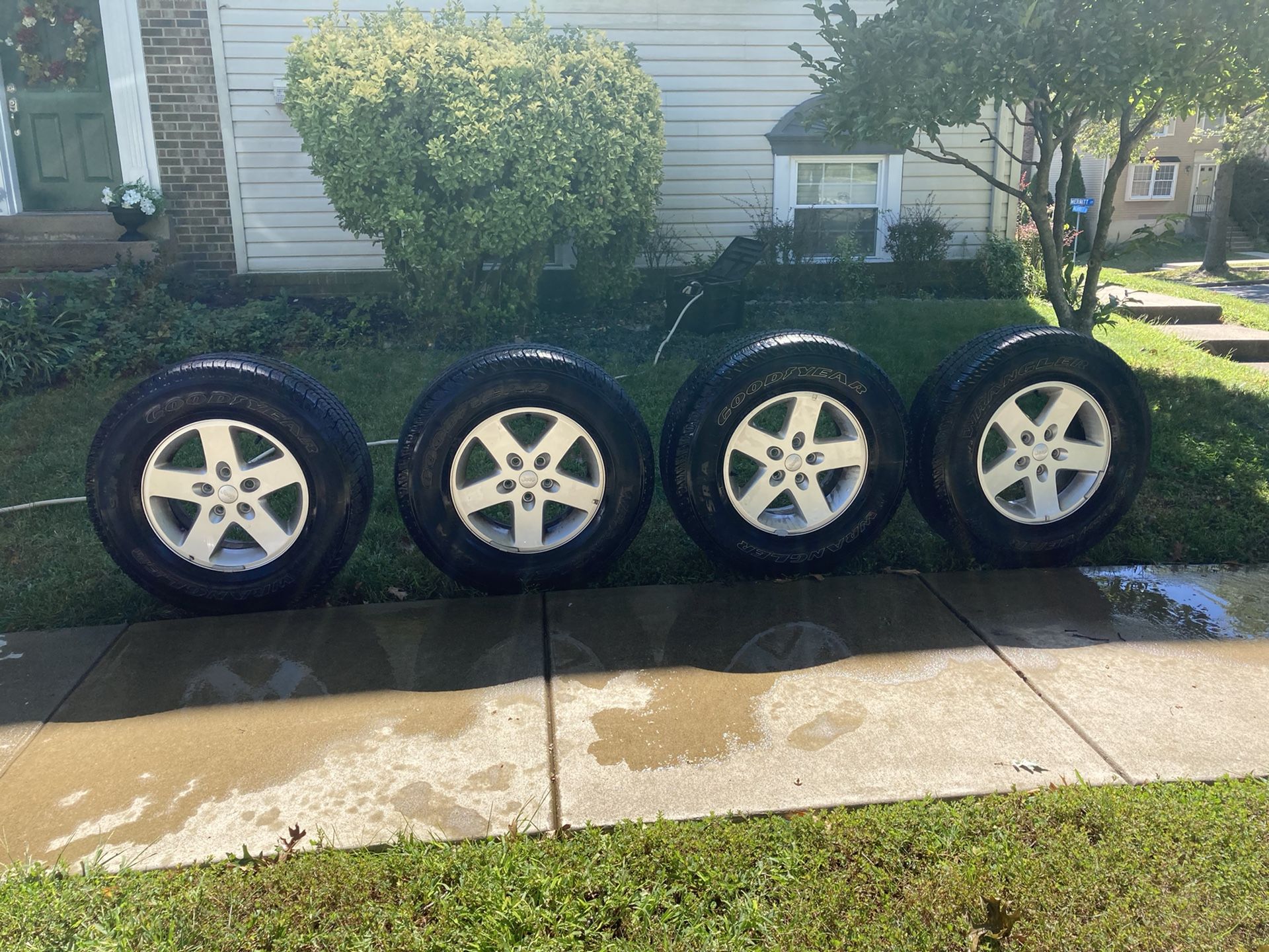 Five (5) 2016 Jeep Wrangler 17” Wheels 5x5 and Goodyear Wrangler 255/75/r17 Tires. Includes Gorilla Security Anti Theft Lug Nuts