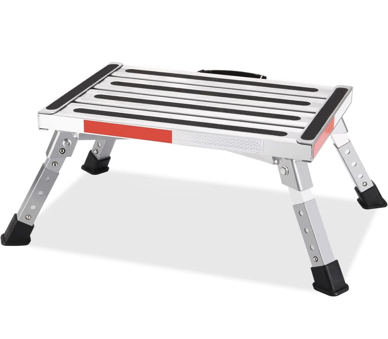 Safety RV Steps, Height Adjustable Folding Platform Step with 17" X 12" Anti-Slip Surface, Rubber Feet, Handle, Reflective Strips, and T Level, Alumin
