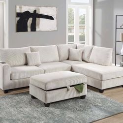 NEW Ivory Beige White Fabric Sectional Sofa and Chaise Set FREE STORAGE OTTOMAN Ashley Style Cream Furniture Warehouse BIG SALE Discount Designer Chic