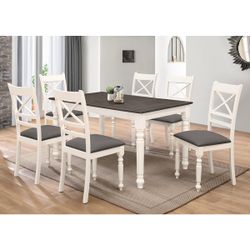 Brand New In Box Firm Price $499 7-Pieces Two-Tone Solid Rubberwood Dining Table Set MDF Top and Turned Legs. Weight Support Capacity: CHAIR: 300 lbs
