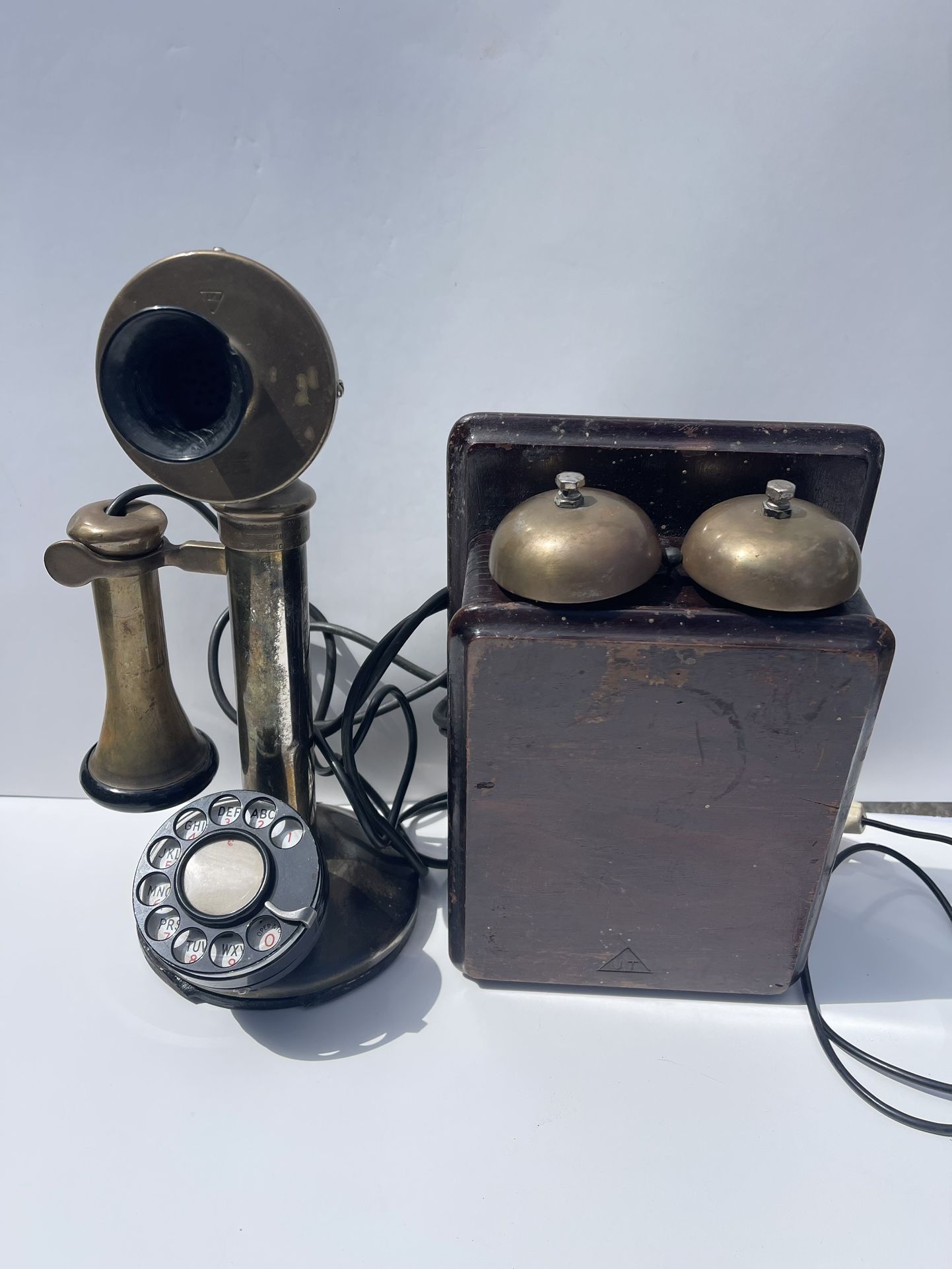 Antique Brass Vintage 1920's UT Candlestick Telephone With Walnut Ringer Box
