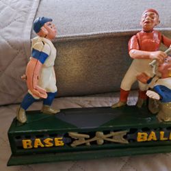 VINTAGE CAST IRON MECHANICAL BASEBALL BANK 