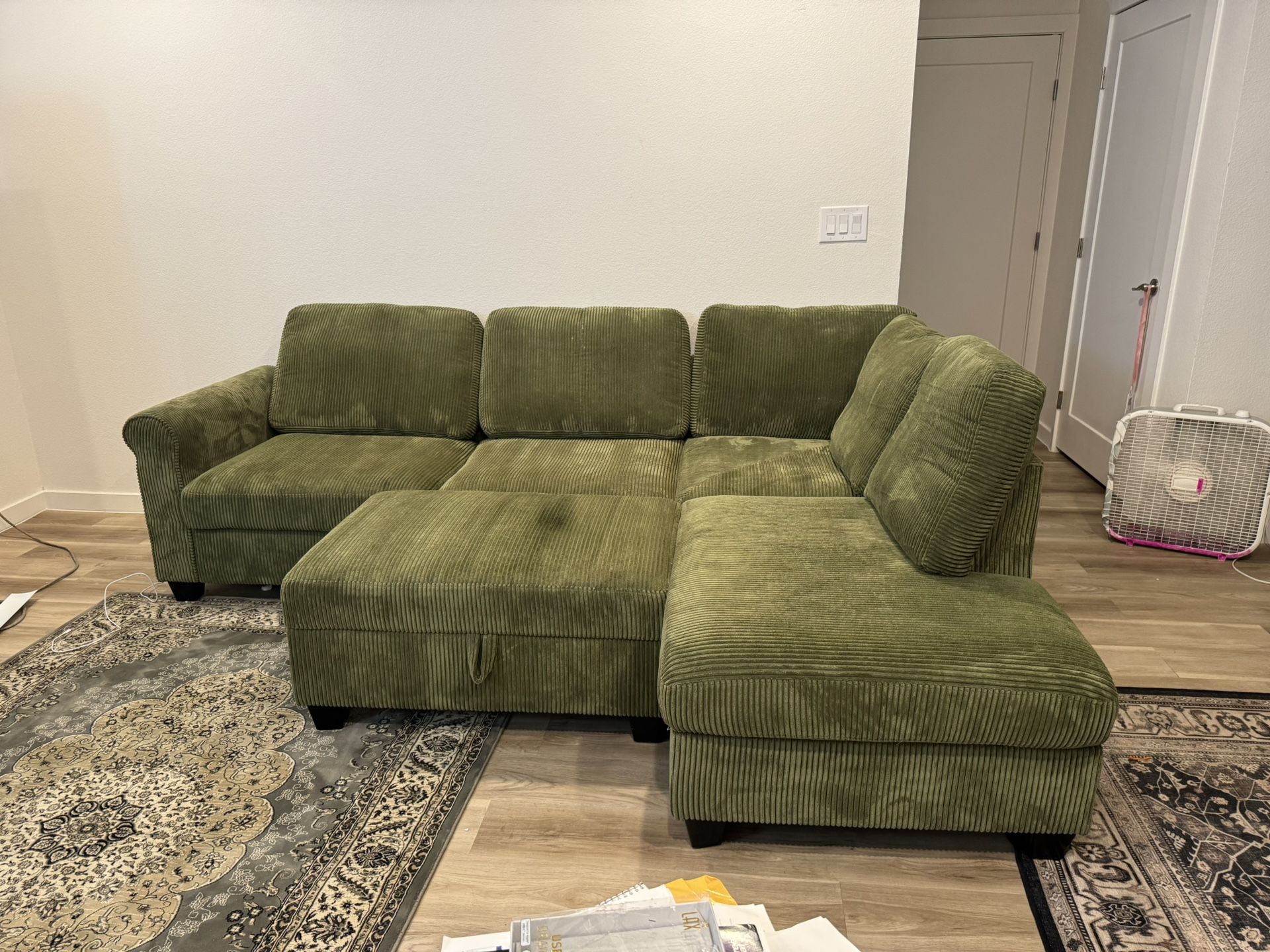 Green Corduroy Sectional Sofa with Storage Ottoman – Excellent Condition!