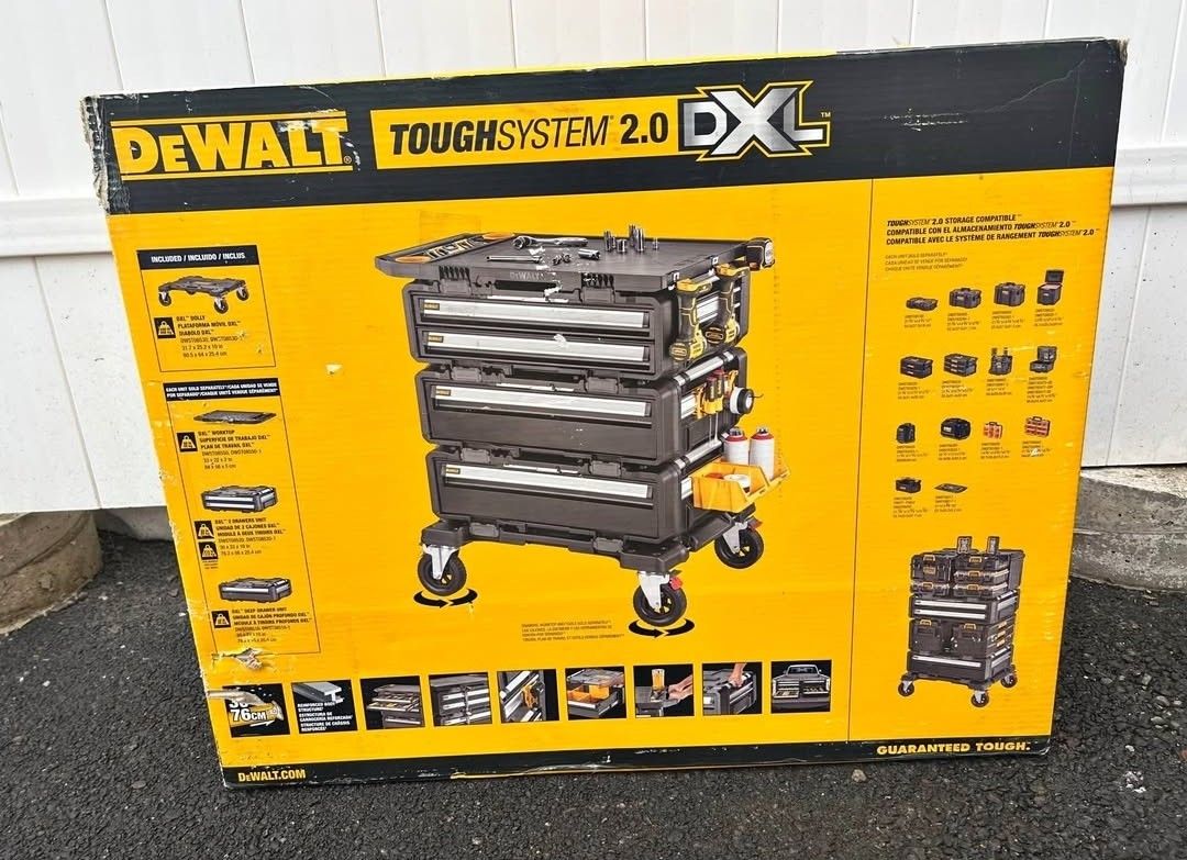 NEW DEWALT TOUGHSYSTEM 2.0 DXL TOOL BOX SYSTEM: DOLLY, (2) DEEP DRAWER, 2-DRAWER, WORKTOP