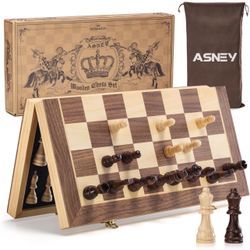 Magnetic Chess Set, 15" Tournament Staunton Wooden Chess Board Game Set with Crafted Chesspiece & Storage Slots for Kids Adult, Includes Extra Queens 