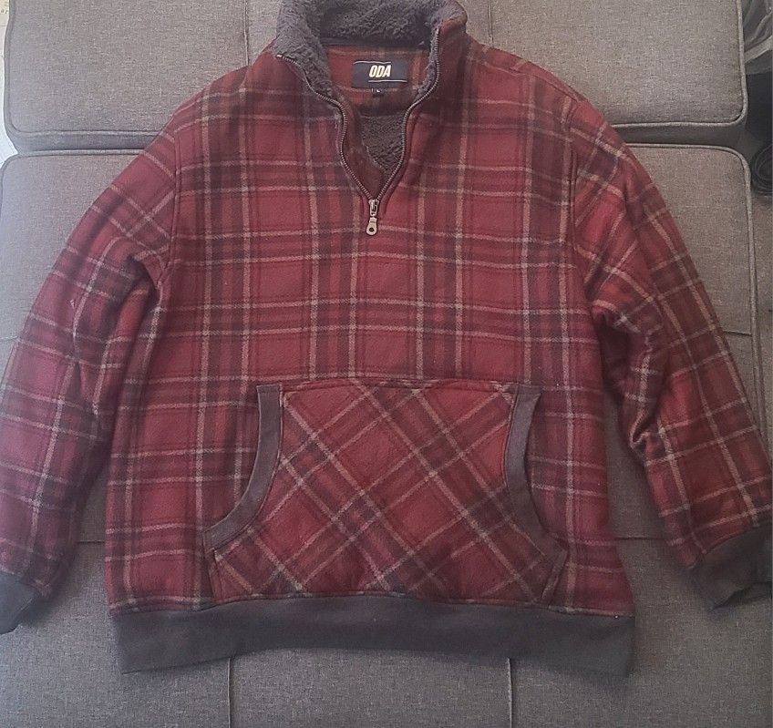 ODA Heavy Flannel Pullover Men's L 1/4 Zip Sherpa Fleece Lined Plaid Warm Thick