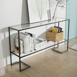 52" Console Table, Narrow Tempered Glass Sofa Table with Metal Frame, Modern Entryway Table with 2 Shelves, Long Console Table for Living Room, Hallwa