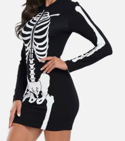 HDE Halloween black and white skeleton mini dress, size XL front zipper