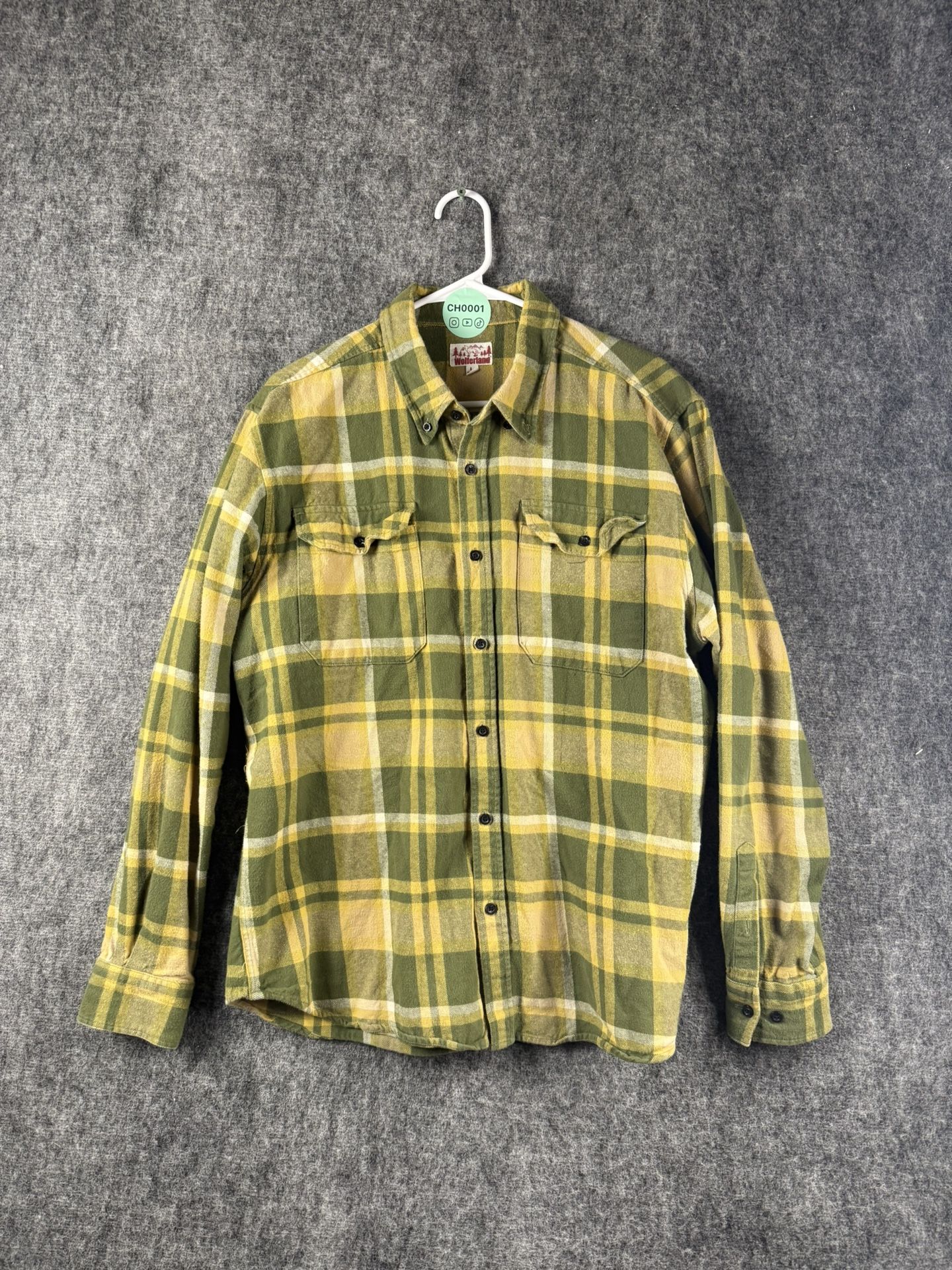 Wolferland Men’s Fleece Flannel Shirt Size L Green Yellow Plaid Heavyweight