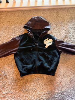 Nonsuckafree Black Zip-Up Hoodie with Leather Sleeves