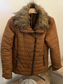 Light Brown Puffer Coat with Faux Fur Collar