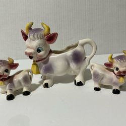 Vintage Ceramic Cow Creamer Purple Lavender and White Yellow Bell SET! -Japan